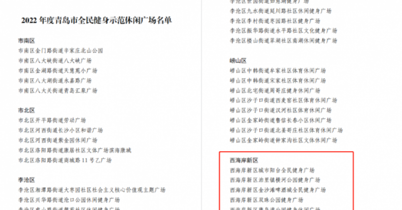 城市陽臺景區(qū)、金沙灘啤酒城、雙珠公園獲評“2022年度青島市全民健身示范休閑廣場”